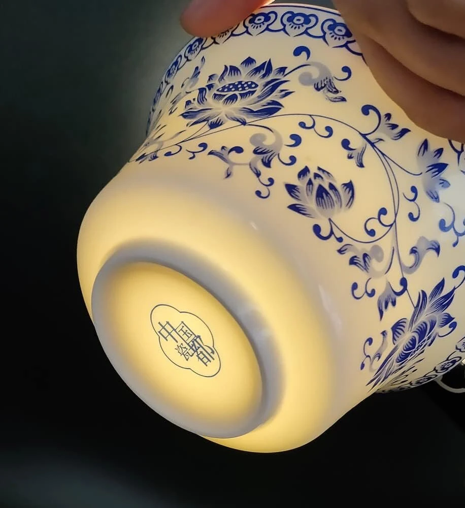 Kopyfantap Gaiwan porcelianinis 300 ml kiniškas arbatos puodelis su dangteliu ir lėkštele, Kung Fu arbatos puodelis keramikinis, mėlynas ir baltas