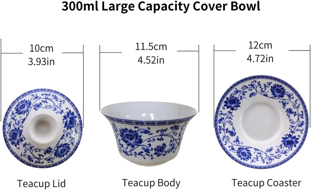 Kopyfantap Gaiwan porcelianinis 300 ml kiniškas arbatos puodelis su dangteliu ir lėkštele, Kung Fu arbatos puodelis keramikinis, mėlynas ir baltas