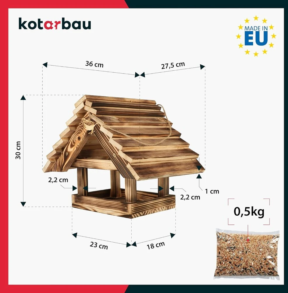 Kotarbau® medinė lesyklėlė, pagaminta iš degintos medienos, pakabinama + 0,5kg maisto nemokamai