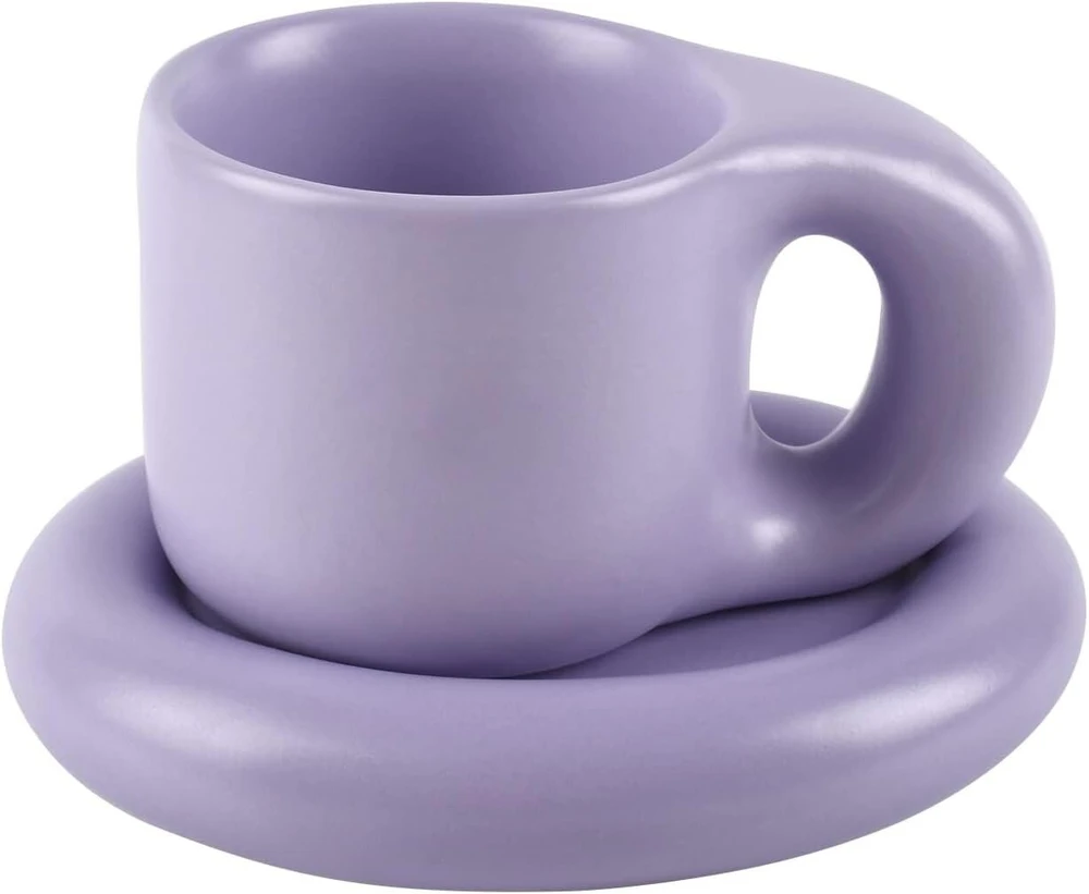 Koythin keramikinis kavos puodelis su lėkštutėmis, kūrybingas ir mielas kavos puodelis biurui ir namams, 300 ml arbatai, latte, pienui (šviesiai violetinis)