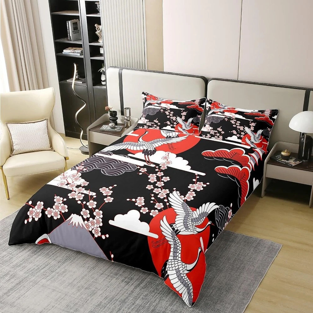 Kranich 100% medvilnės antklodės užvalkalas 220 x 240 cm japoniško stiliaus patalynės komplektas vyšnių žiedų raštu moterims ir mergaitėms, dekoratyvinis japoniškas tradicinis antklodės užvalkalų komplektas su užtrauktukais