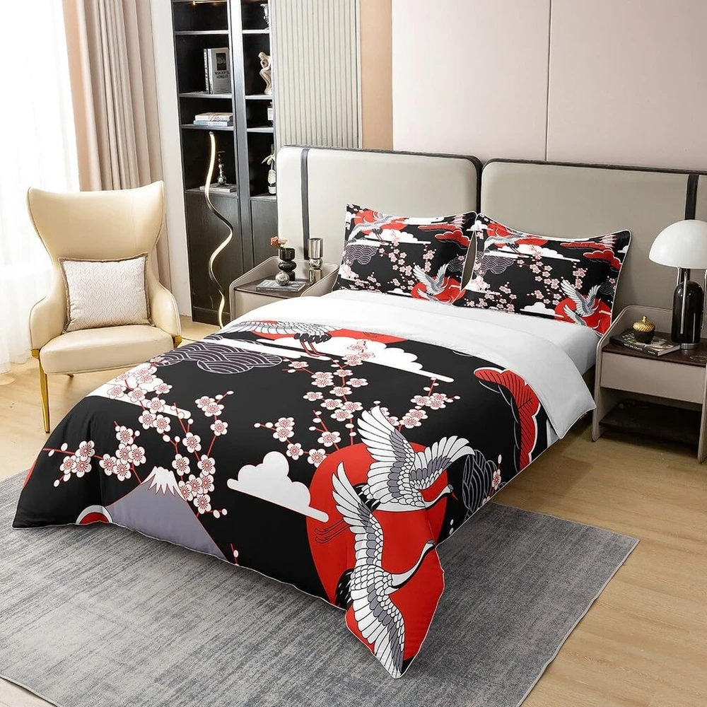 Kranich 100% medvilnės antklodės užvalkalas 220 x 240 cm japoniško stiliaus patalynės komplektas vyšnių žiedų raštu moterims ir mergaitėms, dekoratyvinis japoniškas tradicinis antklodės užvalkalų komplektas su užtrauktukais