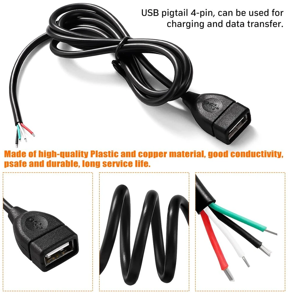 Kuoqiy 3 dalių usb-a female 5v/3a pigtail atviro galo maitinimo kabelis, 1 m 22 awg usb 2.0 female 4 kontaktų laidas "pasidaryk pats" pigtail kabelis usb įrenginių remontui "pasidaryk pats" kabelis