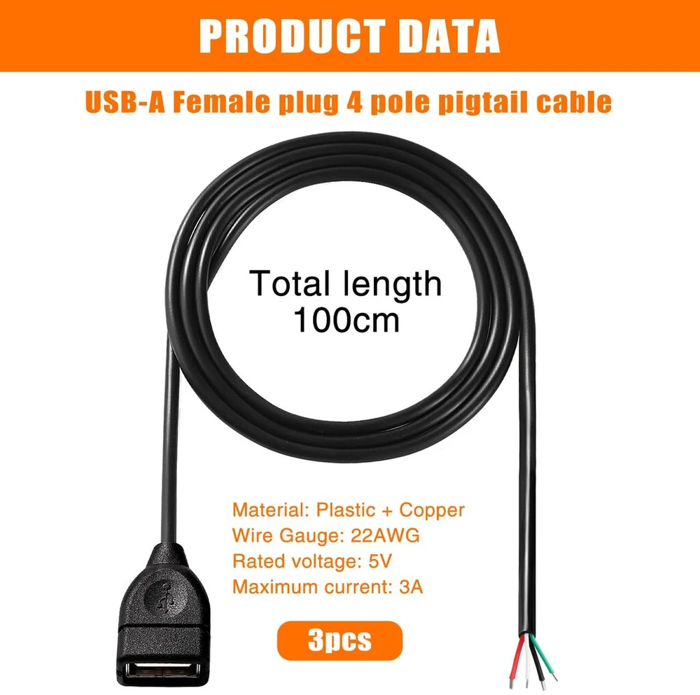 Kuoqiy 3 dalių usb-a female 5v/3a pigtail atviro galo maitinimo kabelis, 1 m 22 awg usb 2.0 female 4 kontaktų laidas "pasidaryk pats" pigtail kabelis usb įrenginių remontui "pasidaryk pats" kabelis
