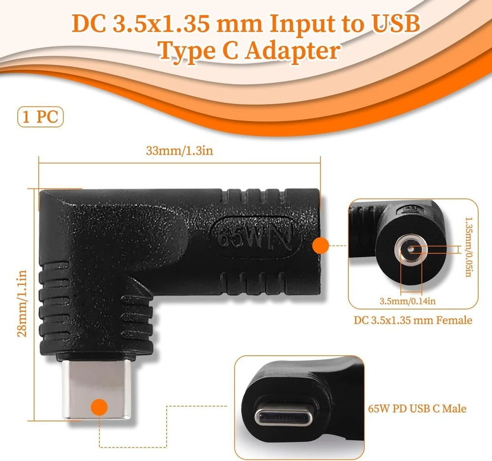 Kuoqiy 65 W Pd Usb C į Dc adapterį, Dc lizdas 3.5 x 1.35 mm įvestis į Usb C Type C kampinis 90 laipsnių maitinimo kištuko įkrovimo adapteris, Dc į Usb Type C maitinimo kištuko įkrovimo adapteris nešiojamam mobiliajam telefonui