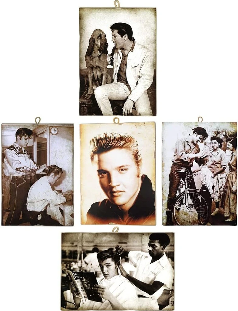 Plakatas Kustom Art 5 dalių rinkinys, vintažinio stiliaus, garsūs aktoriai Elvis Presley, medinis kvadratinis atspaudas restoranui, picerijai, barui, viešbučiui