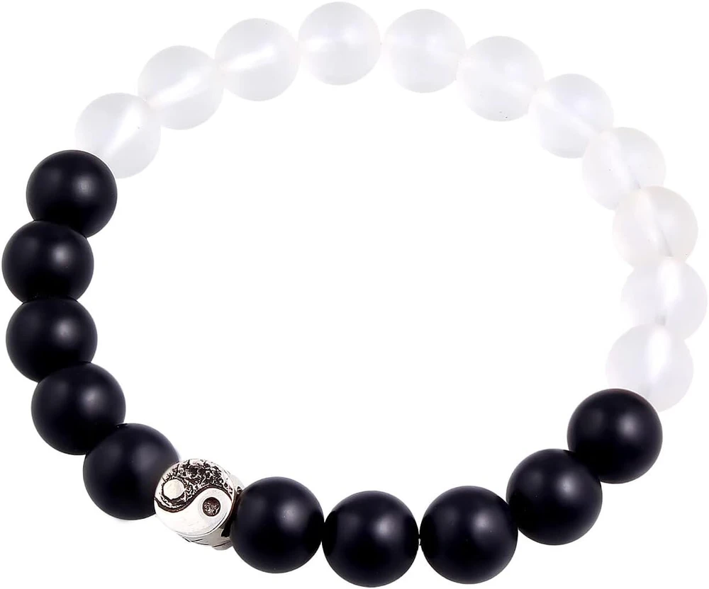 Kuzzoi Buddha 0207491522 vyriška apyrankė su juodu onikso brangakmeniu ir stiklo karoliukais, yin-yang simbolio karoliukas pagamintas iš 925 sidabro, apyrankė porai, jogos apyrankė, energijos apyrankė, ilgis 19-23 cm