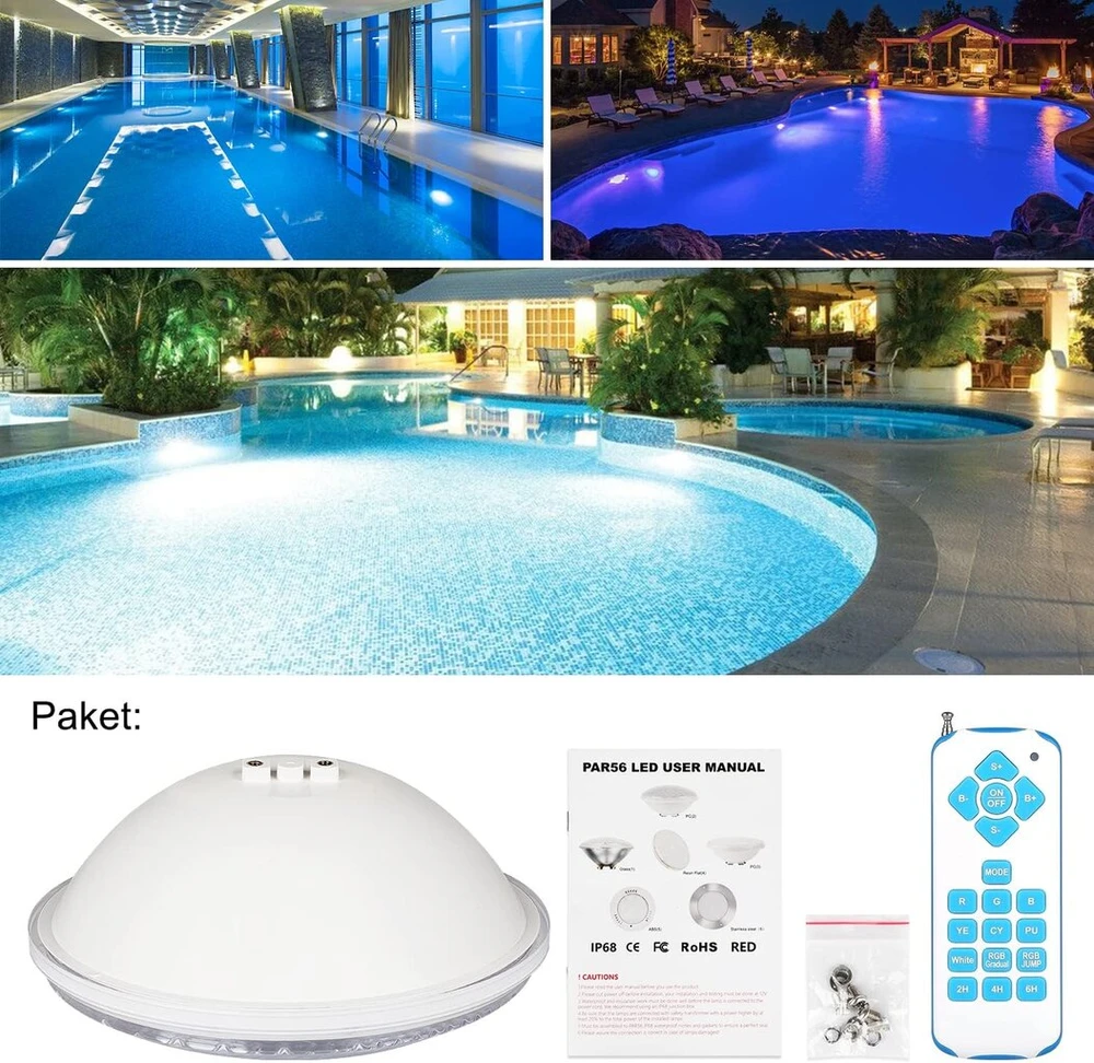 Kwode 36 W Rgb baseino apšvietimas, Par56 baseino priekinis žibintas su laikmačio nuotolinio valdymo pulteliu, Led baseino lempa Ip68 atspari vandeniui, 12 V Ac/dc