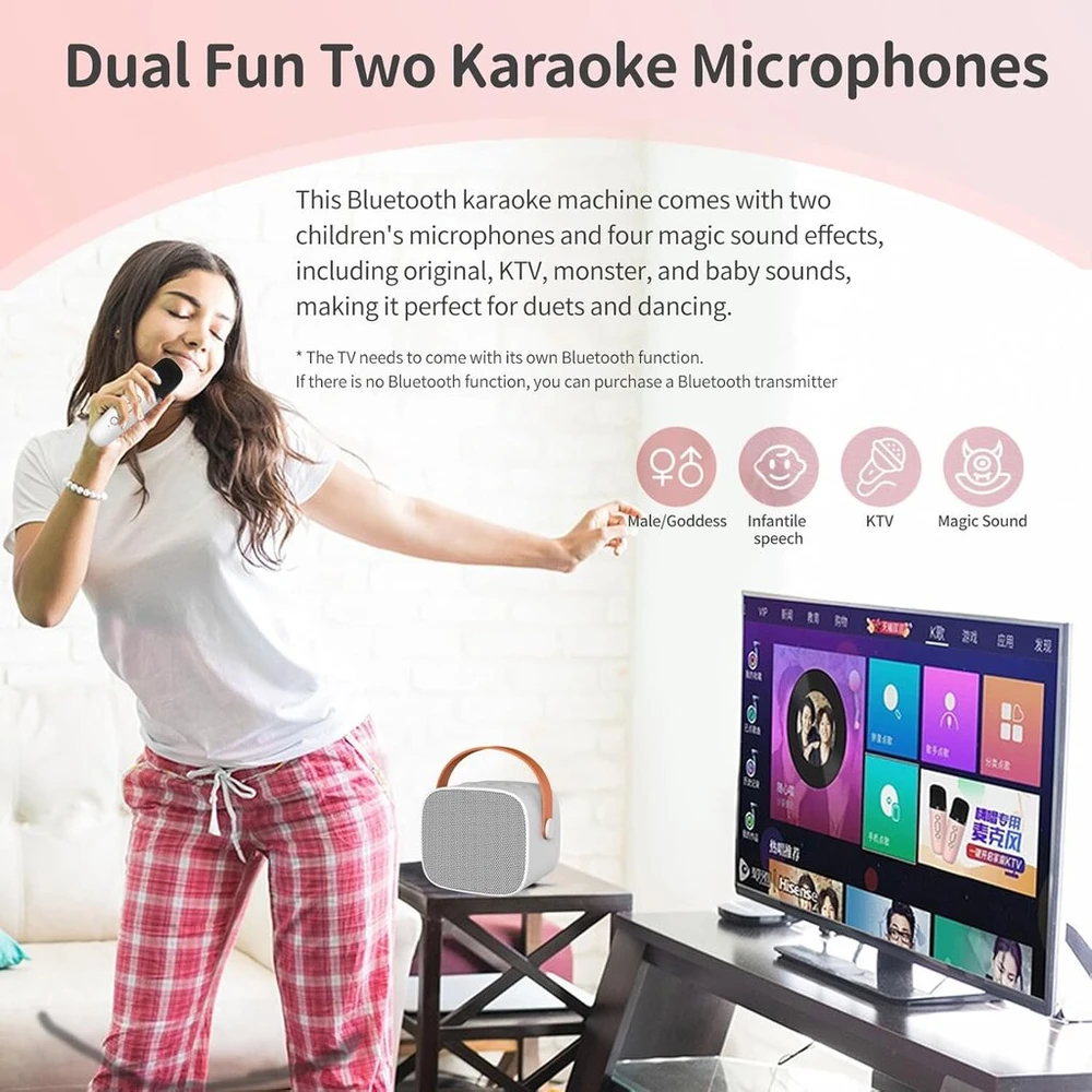 Muzikinis centras Kyaoayo mini karaoke aparatas su 2 belaidžiais mikrofonais, nešiojamas bluetooth karaoke aparatas vaikams ir suaugusiems, su balso keitimo efektais berniukams ir mergaitėms vakarėliams / lauke / kelionėms (baltas)