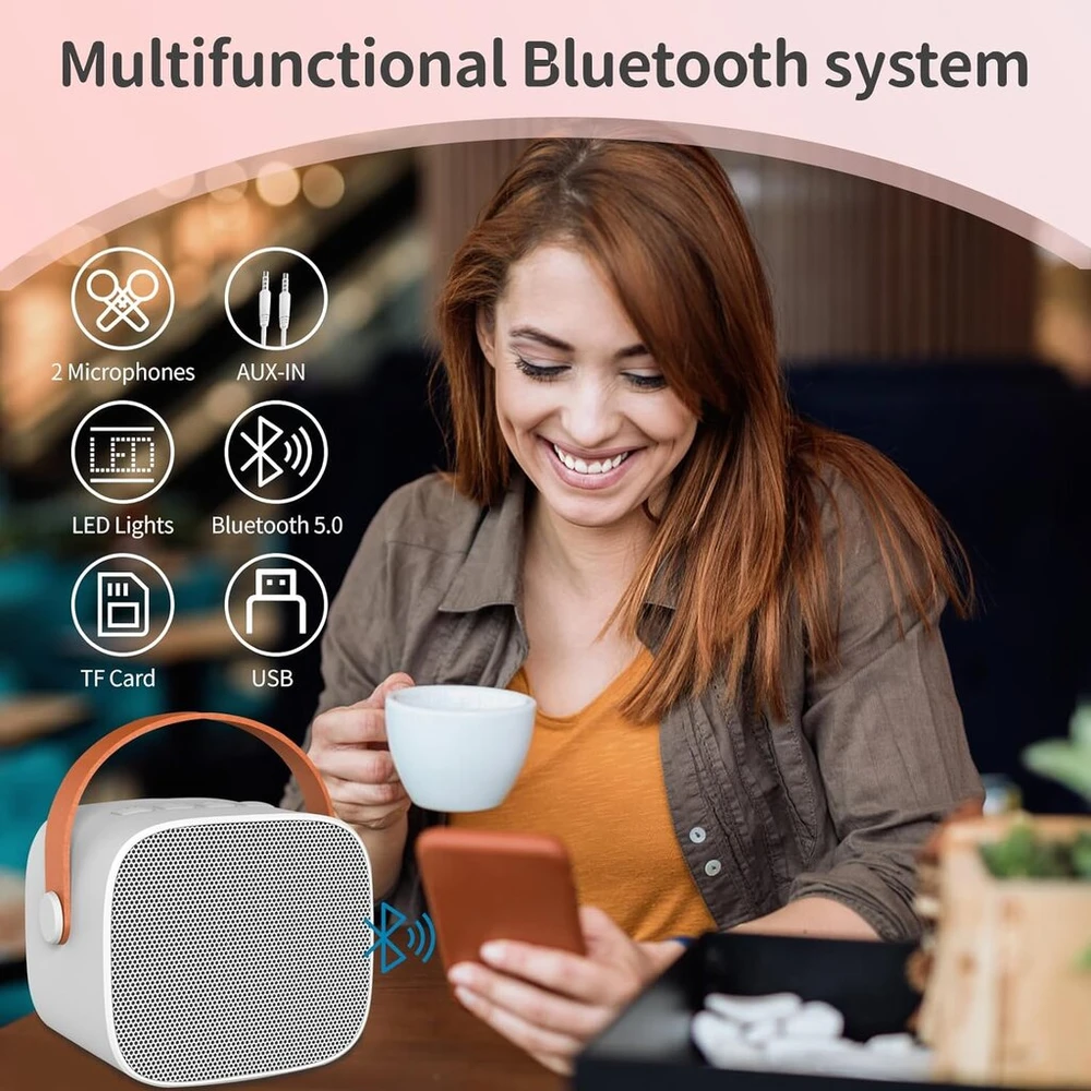 Muzikinis centras Kyaoayo mini karaoke aparatas su 2 belaidžiais mikrofonais, nešiojamas bluetooth karaoke aparatas vaikams ir suaugusiems, su balso keitimo efektais berniukams ir mergaitėms vakarėliams / lauke / kelionėms (baltas)