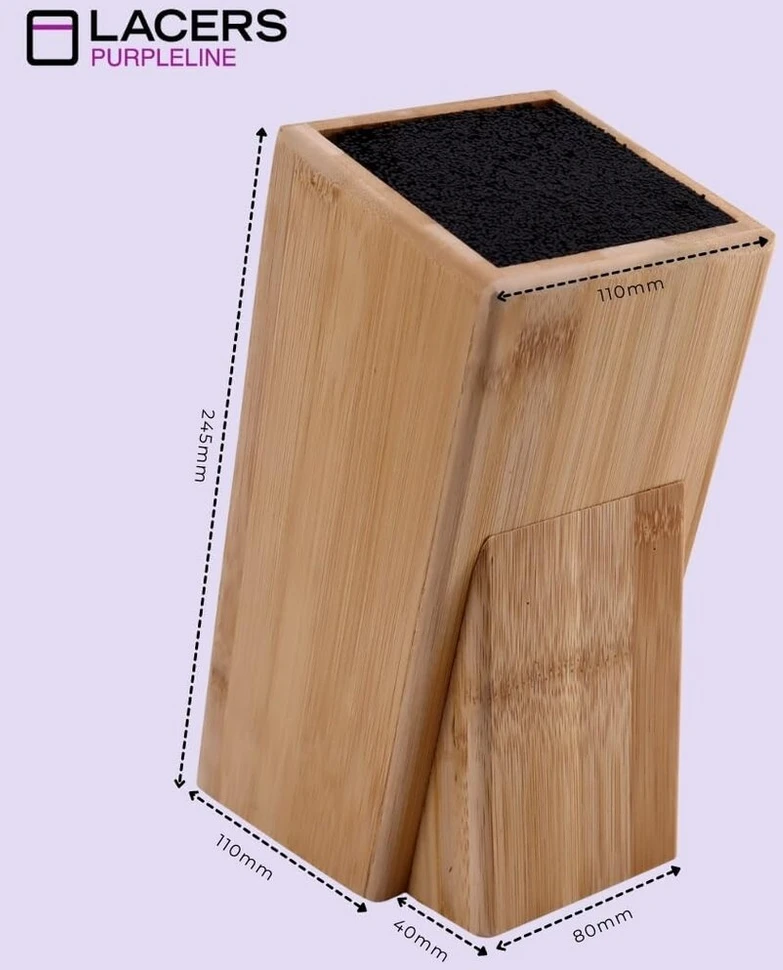Lacers Purpleline bambuko virtuvinių peilių blokas su lanksčiu šerelių įdėklu, peilių laikiklis visų dydžių peiliams, 160 x 110 x 245 mm, tvirtas dizainas, vietą taupantis ir patvarus peilių stovas
