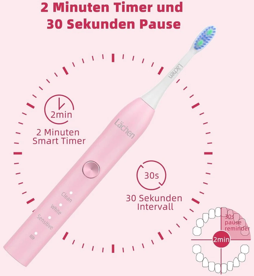 Lächen elektrinis dantų šepetėlis, 3 režimai, elektrinis soninis dantų šepetėlis su kelioniniu dėklu, 4 keičiami šepetėliai, 2 minučių laikmatis, Usb įkrovimas 60 dienų, Ipx7 vandeniui atsparus dantų šepetėlis rožinis