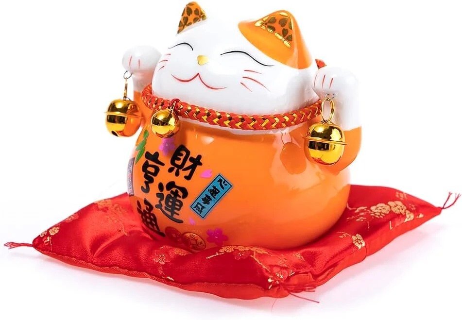 Lachineuse - katė maneki neko - pinigų dėžutė sėkmės amuletas japoniškas - tradicijos iš azijos - oranžinė spalva - porcelianas - dekoratyvinė ir dovanos idėja japonija azija - apsauga, laimė ir džiaugsmas