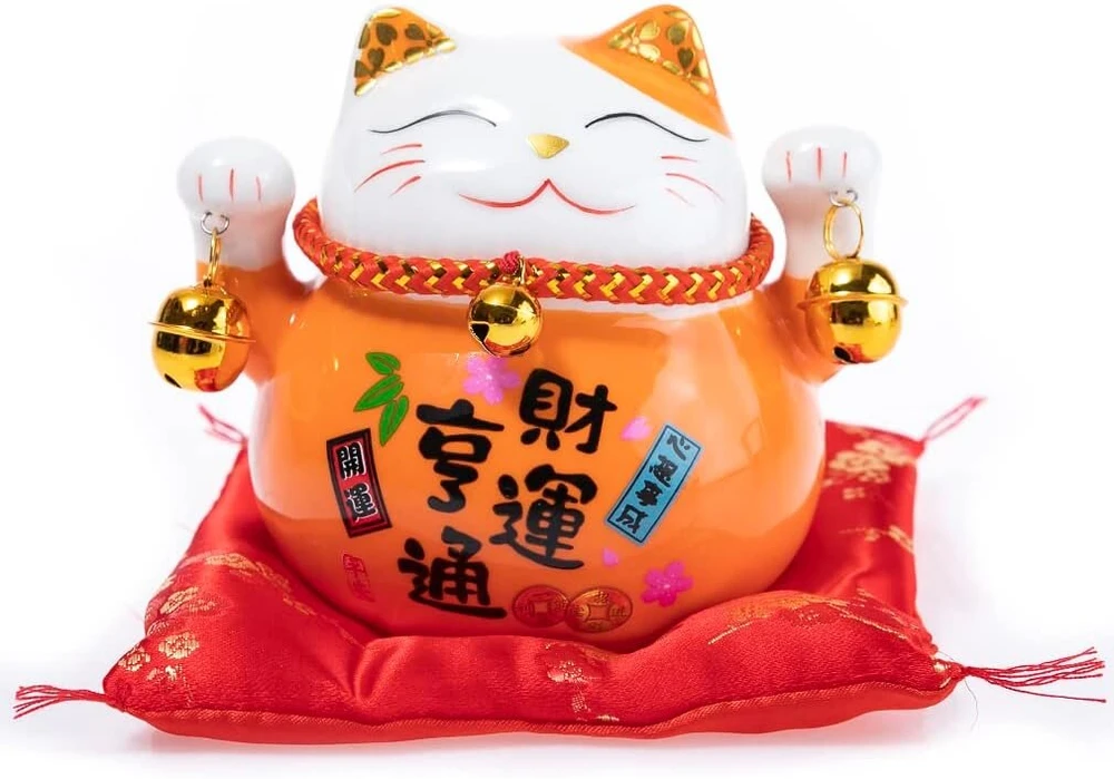 Lachineuse - katė maneki neko - pinigų dėžutė sėkmės amuletas japoniškas - tradicijos iš azijos - oranžinė spalva - porcelianas - dekoratyvinė ir dovanos idėja japonija azija - apsauga, laimė ir džiaugsmas