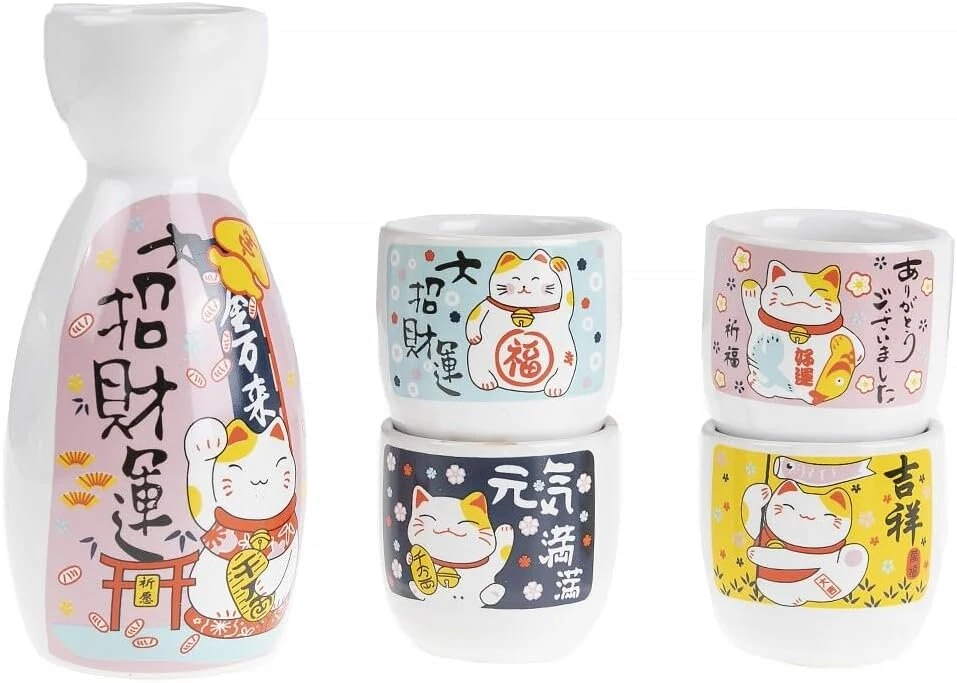 Lachineuse Sake-service Maneki Neko daugiaspalvis grafinas 12.5 cm puodelis 4.5 x 4.5 cm