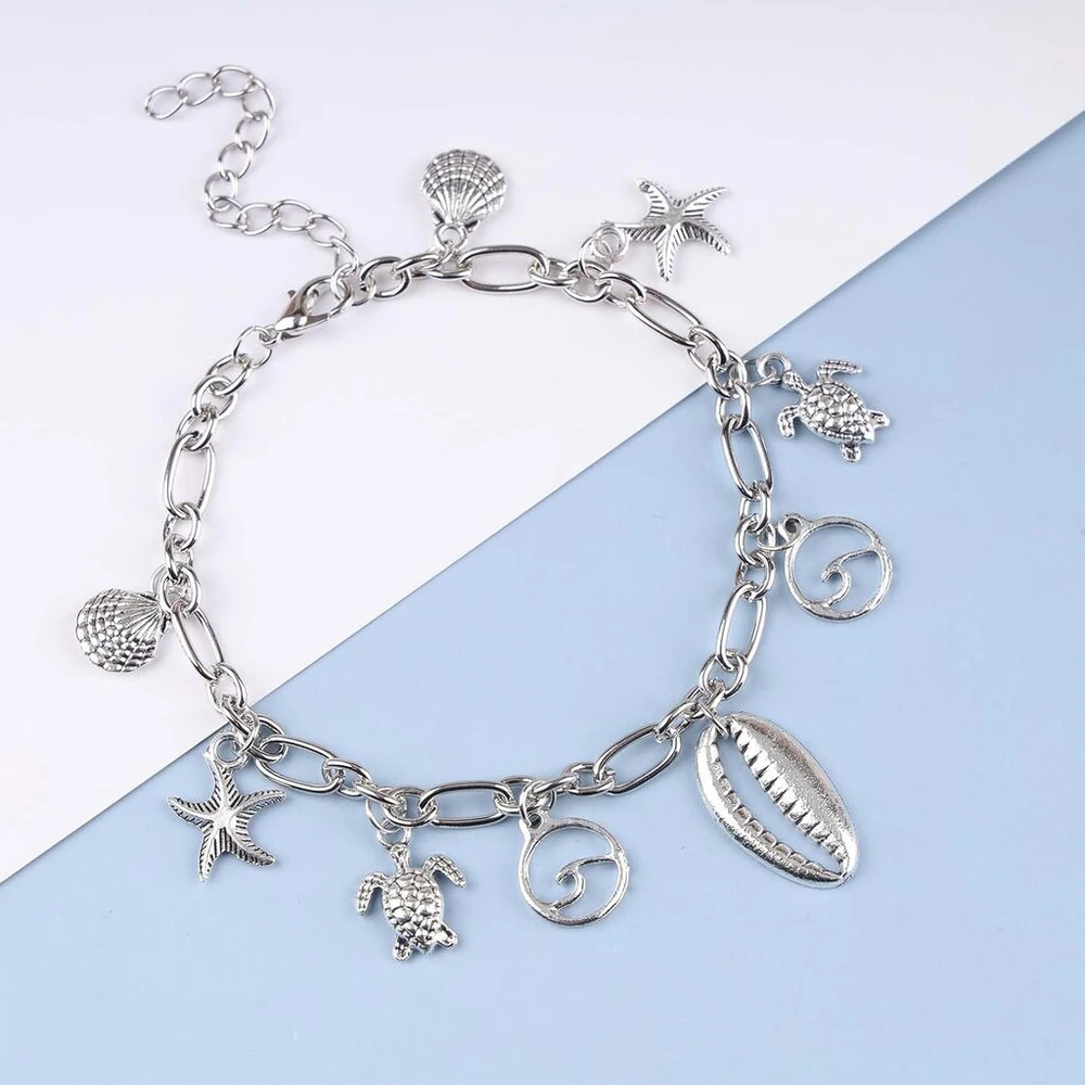 Laikrodis Inilbran boho starfish kriauklės apyrankė ant kulkšnies, vintažinė paplūdimio kriauklių apyrankė ant kulkšnies, sidabrinė starfish pakabuko grandinėlė ant kulkšnies, kriauklių sąvaržėlės apyrankė moterims