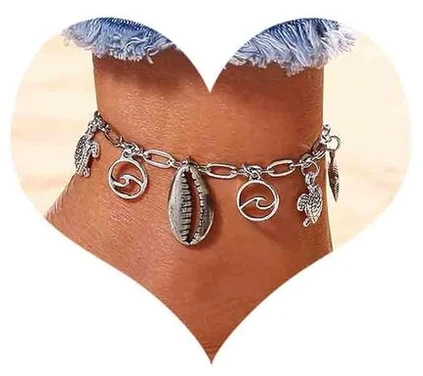Laikrodis Inilbran boho starfish kriauklės apyrankė ant kulkšnies, vintažinė paplūdimio kriauklių apyrankė ant kulkšnies, sidabrinė starfish pakabuko grandinėlė ant kulkšnies, kriauklių sąvaržėlės apyrankė moterims