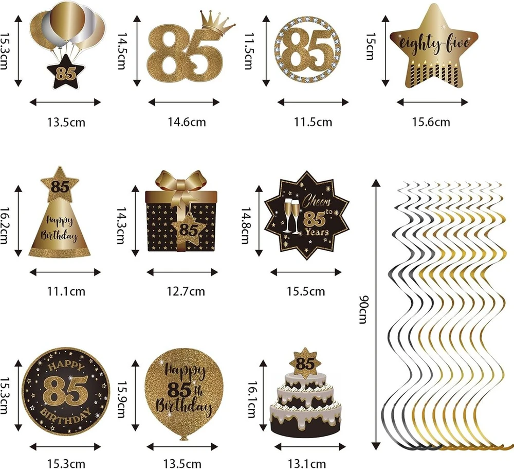 Laimingas 85-ojo gimtadienio vakarėlio kabantys sūkuriai, lubų dekoracijos, šventiniai 85 folijos kabantys sūkuriai su išpjovomis, skirti 85 metų juodos ir aukso gimtadienio vakarėlio dekoracijų reikmenims