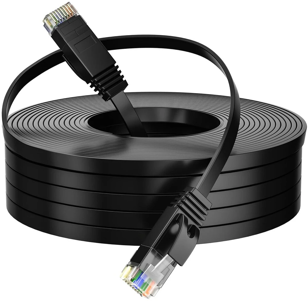Lan kabelis, 15 metrų, cat 6, plokščias tinklo kabelis, 15 m, didelės spartos juodas ethernet kabelis, rj45 kabelis, plonas interneto kabelis, 1 gbps patch kabelis, gigabitinis lan kabelio ilgintuvas maršrutizatoriui