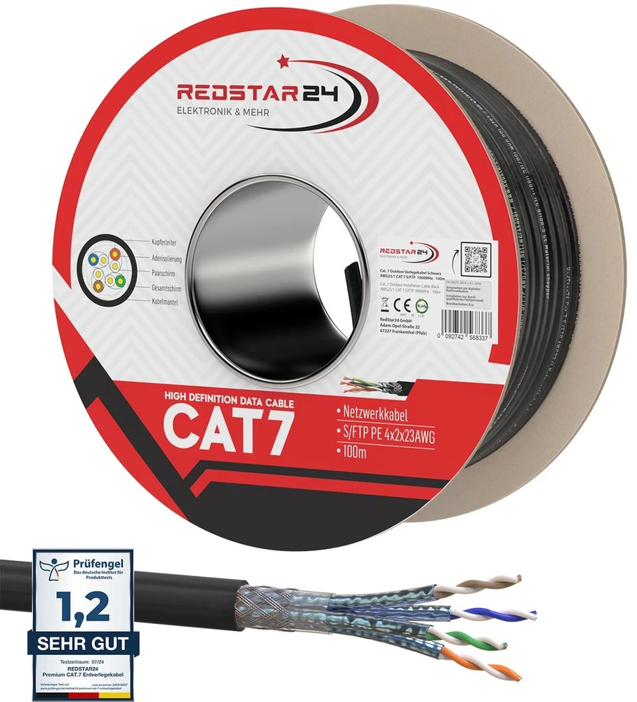 Lan kabelis Cat7 S/ftp 100m lauke, 1000 Mhz, juodas