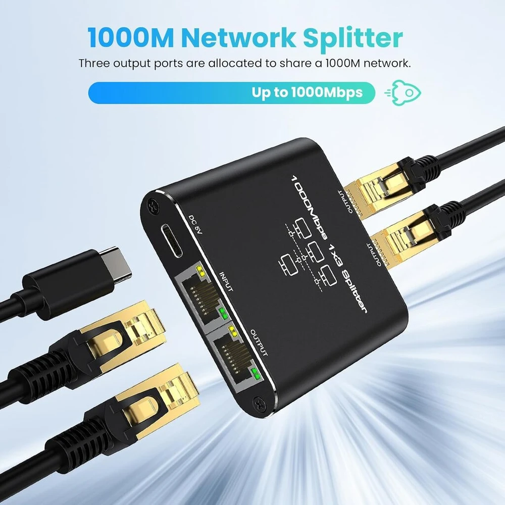 Lan skirstytuvas 1 į 3 1000 mbps išvestis, lan jungiklis aliuminio tinklo jungiklis 3 prievadų lan skirstytuvas gigabitinis ethernet jungiklis su usb-c maitinimo kabeliu rj45 / interneto skirstytuvas kompiuteriui, maršrutizatoriui, televizoriaus priedėliu