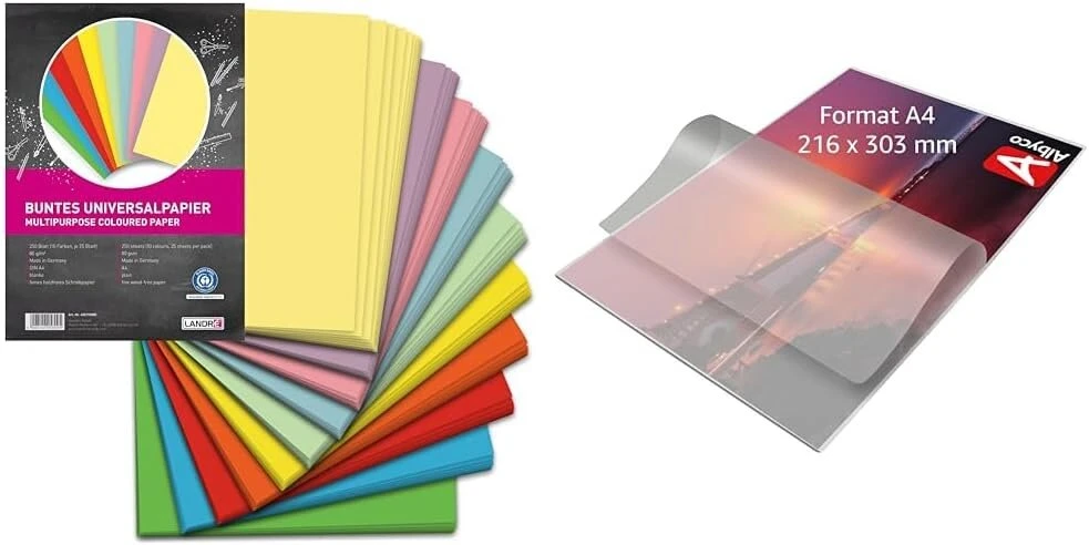 Landré 250 lapų A4 formato spalvotas universalus popierius, 80 g/m², popierius spausdintuvui, 10 spalvų ir Albyco laminavimo vokai A4 kokybės 160 mikronų (2 x 80)