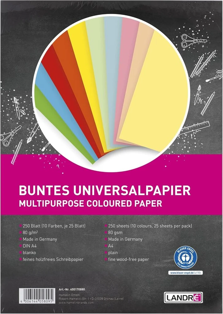 Landré 250 lapų A4 formato spalvotas universalus popierius, 80 g/m², popierius spausdintuvui, 10 spalvų ir Albyco laminavimo vokai A4 kokybės 160 mikronų (2 x 80)