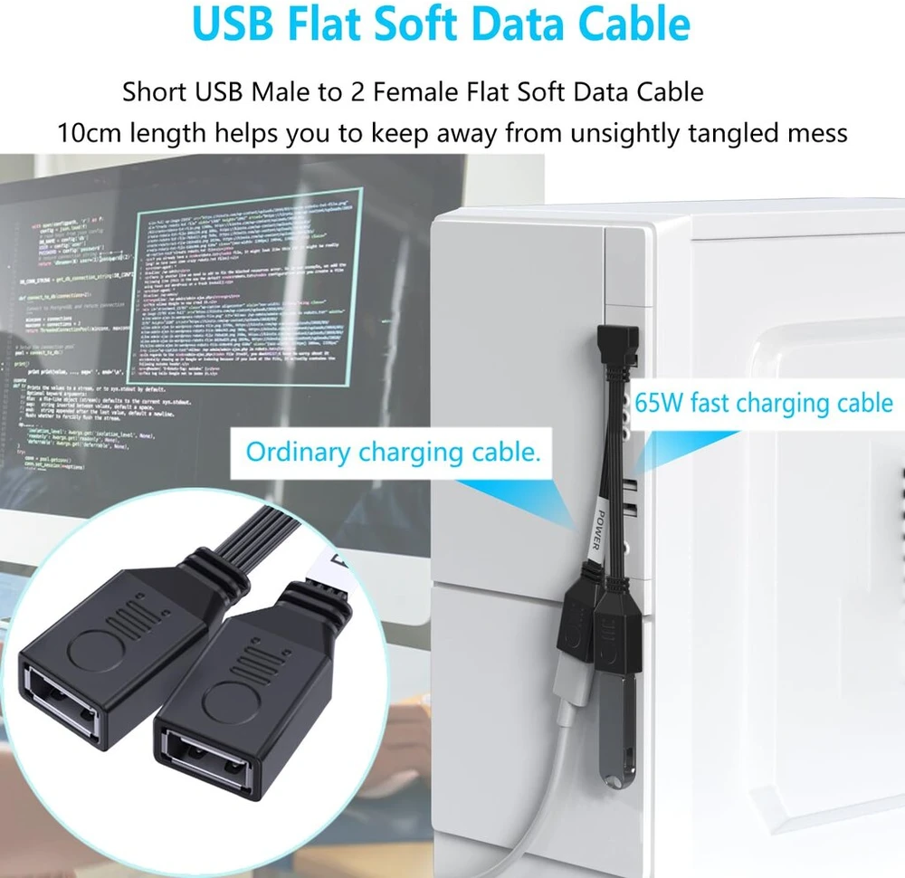 Lanminglel trumpas 90 laipsnių pd 65w usb 2.0 greito įkrovimo kabelis plokščias usb 2.0 vyriškas į 2 moteriškus kabelius dvigubas usb skirstytuvas duomenų perdavimo kabelis telefonams, planšetiniams kompiuteriams, nešiojamiems kompiuteriams 10 cm (right a