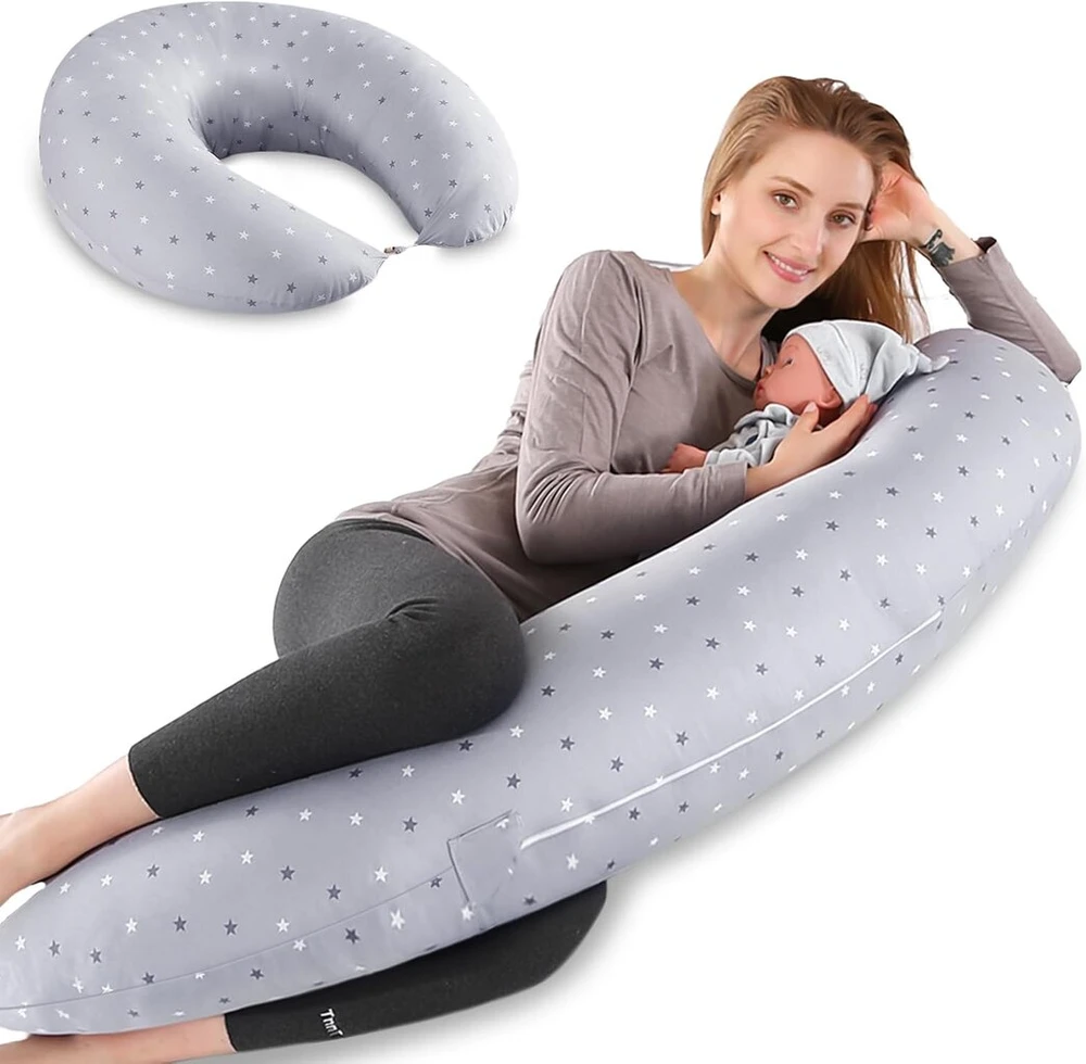 Lannvan maitinimo pagalvė xxl - 170 cm pagalvė miegui ant šono, nėštumo pagalvė su 100% medvilnės užvalkalu - pagalvė nėštumo pozicionavimui suaugusiems - kūdikio lizdas naujagimiui - pilka