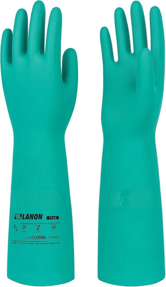 Lanon 46 cm cheminės apsaugos pirštinės, ilgos, apsauginės pirštinės, cheminės pirštinės, atsparios rūgštims, en 388/374, l/9