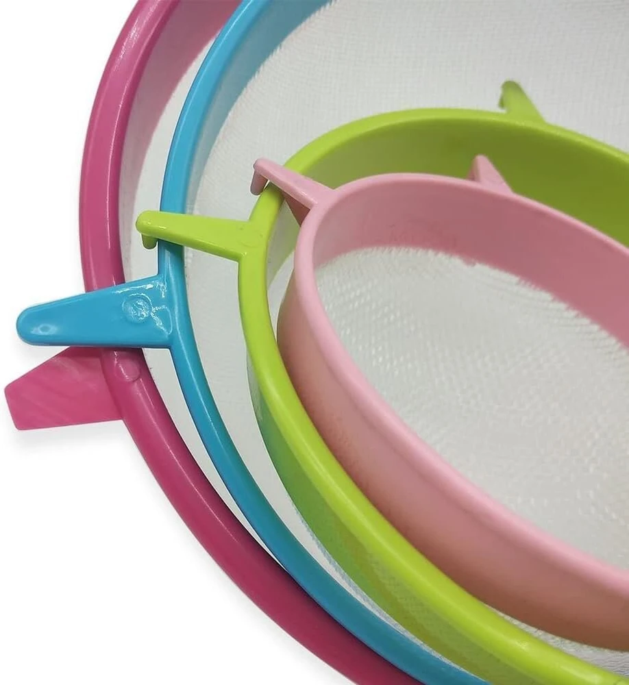 Latrat 4 dalių plastikinis miltų sietelis ir smulkaus maisto sietelių rinkinys, smulkaus tinklelio sieteliai su plastikine rankena arbatai, ryžiams, vaisiams, daržovėms, virtuvės įrankiai
