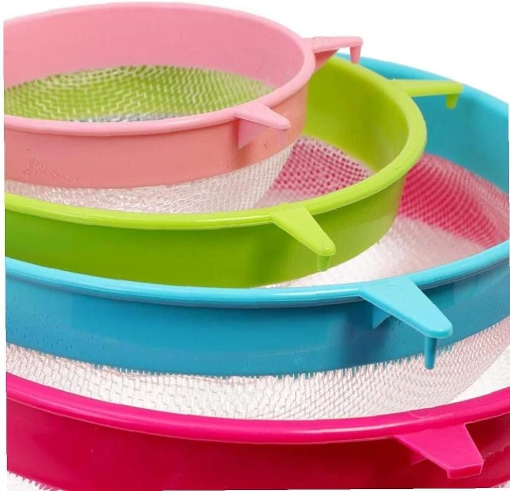 Latrat 4 dalių plastikinis miltų sietelis ir smulkaus maisto sietelių rinkinys, smulkaus tinklelio sieteliai su plastikine rankena arbatai, ryžiams, vaisiams, daržovėms, virtuvės įrankiai