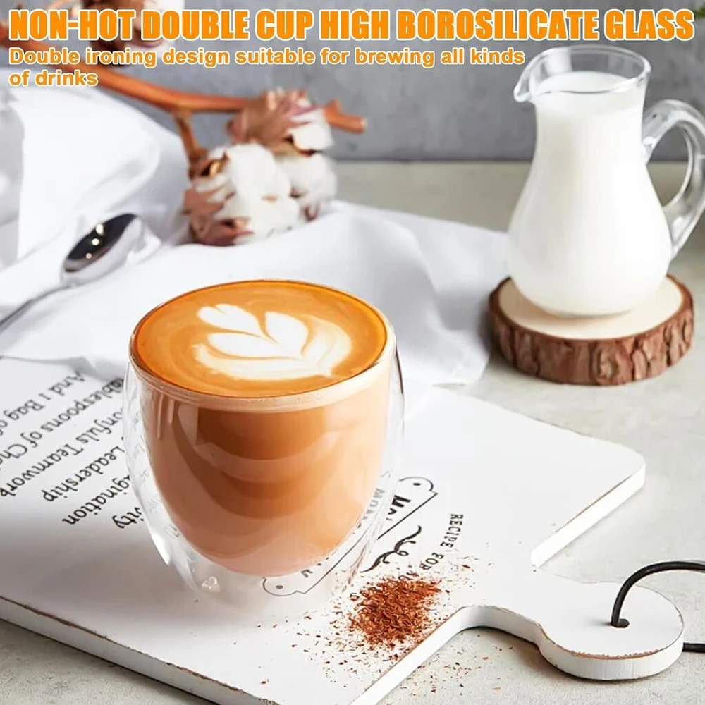 Latte Macchiato dvigubų sienelių stiklinės, espreso puodelių rinkinys, 6 x 350 ml dvigubų sienelių stiklinės su 6 šaukšteliais, cappuccino puodeliai, kavos stiklinės, kavos puodeliai, šaltos kavos stiklinė, termostiklinės kavos puodelis