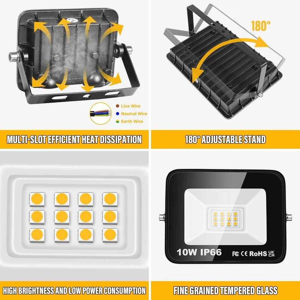 Lauko Led prožektorius 10w, 2 vnt., 1000 lm, 3000k šilta balta, Ip66