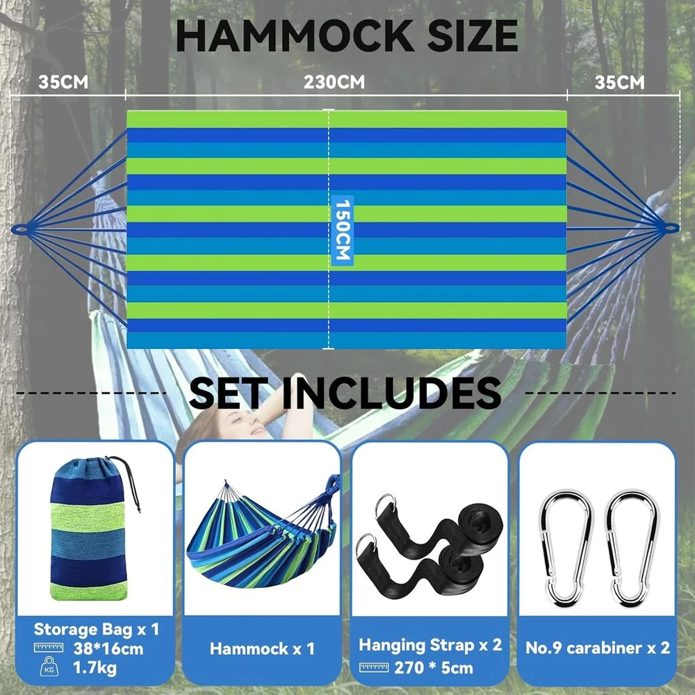 Lauko turistinis hamakas 2 asmenims, 270 kg apkrova (300 x 150 cm), kvėpuojantis, tvirtas, nešiojamas drobinis hamakas su kelioniniu krepšiu, 2 aukščiausios kokybės karabinai, 2 nailoniniai diržai, sodui, vidaus