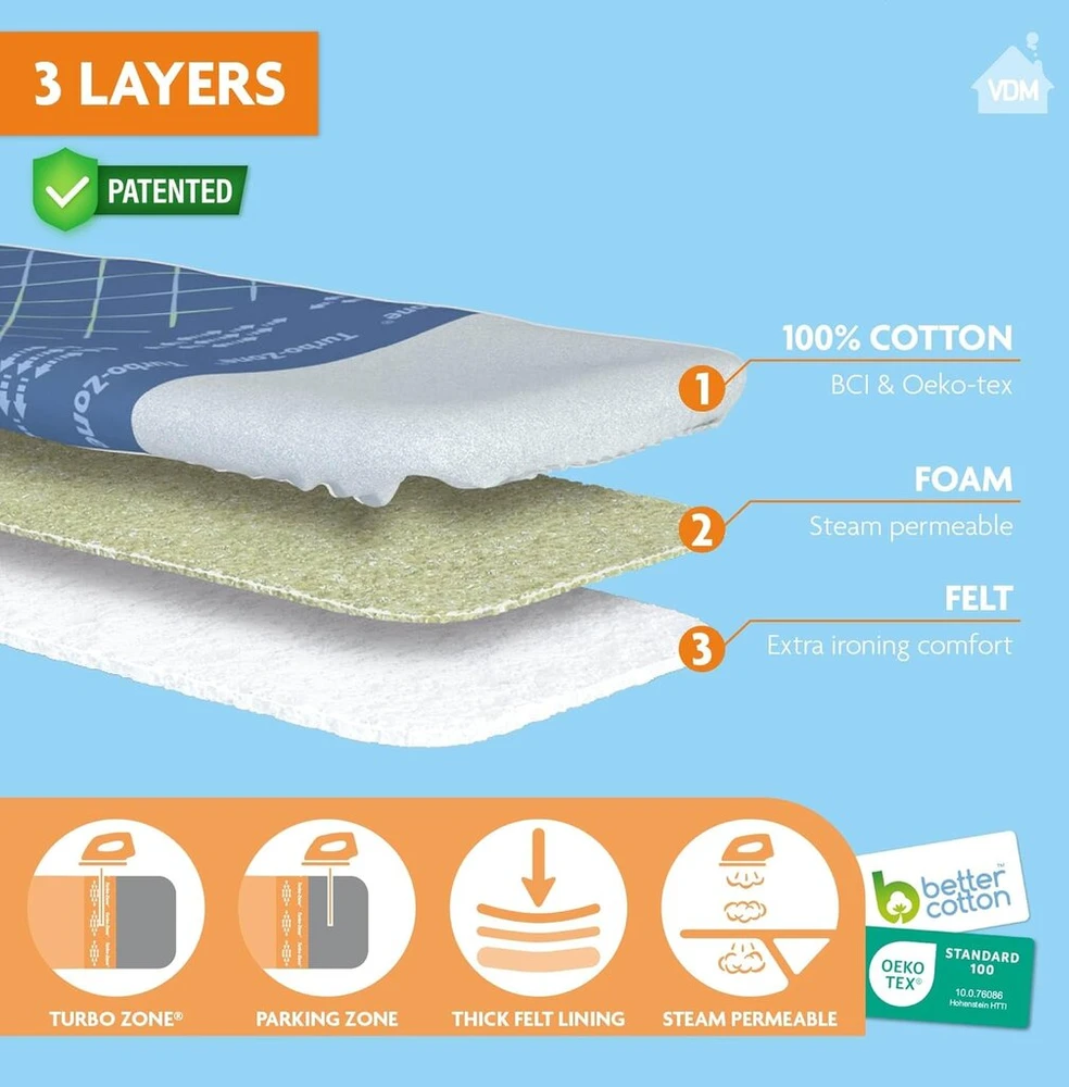 Laundryspecialist Comfort 3 sluoksnių lyginimo lentos užvalkalas - dydis Xl universalus maks. 52 x 138 cm - galimi trys dydžiai - pagamintas iš 100% medvilnės su storu moltono sluoksniu - ypač patogus lyginimas