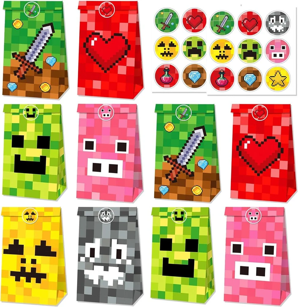 Laventy pixel gimtadienio vakarėlio dekoracijos pixel vakarėlio maišeliai saldainiams dovanoms dekoravimui gimtadienio vakarėlio aksesuarai žaidimų gerbėjų dekoras