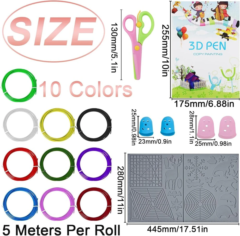 Lbing 3d rašiklio šablonas 3d rašiklio filamentas pla 3d spausdinimo rašiklis piešimo įrankis silikoninis kilimėlis trafaretas 10 spalvų po 5 metrus kiekviena spalva su pirštų apsaugomis ir žirklėmis, skirtas 3d spausdintuvo rašikliui (10 spalvų)