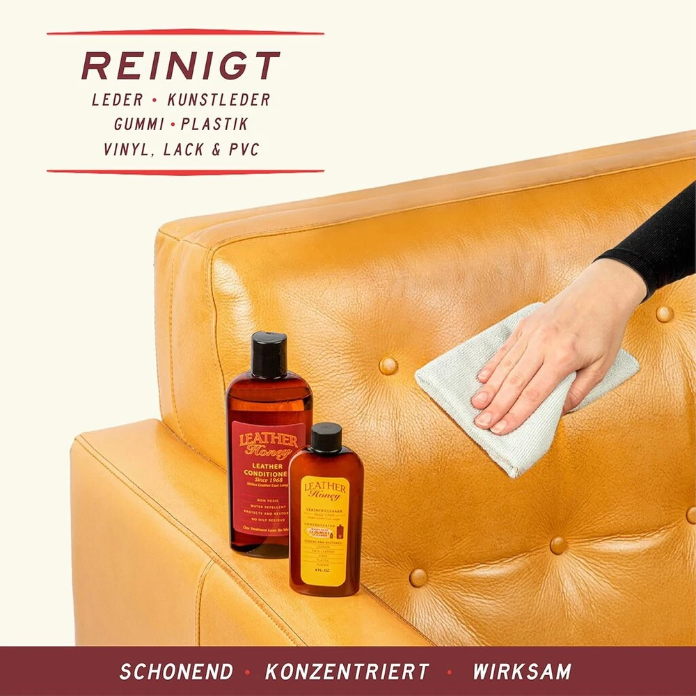 Leather Honey odos valiklis, aukščiausios kokybės odos valiklis dirbtinei odai ir odiniams drabužiams, baldams, automobilio salonui, batams ir aksesuarams, nereikia skiesti, paruoštas naudoti, 236 ml buteliukas