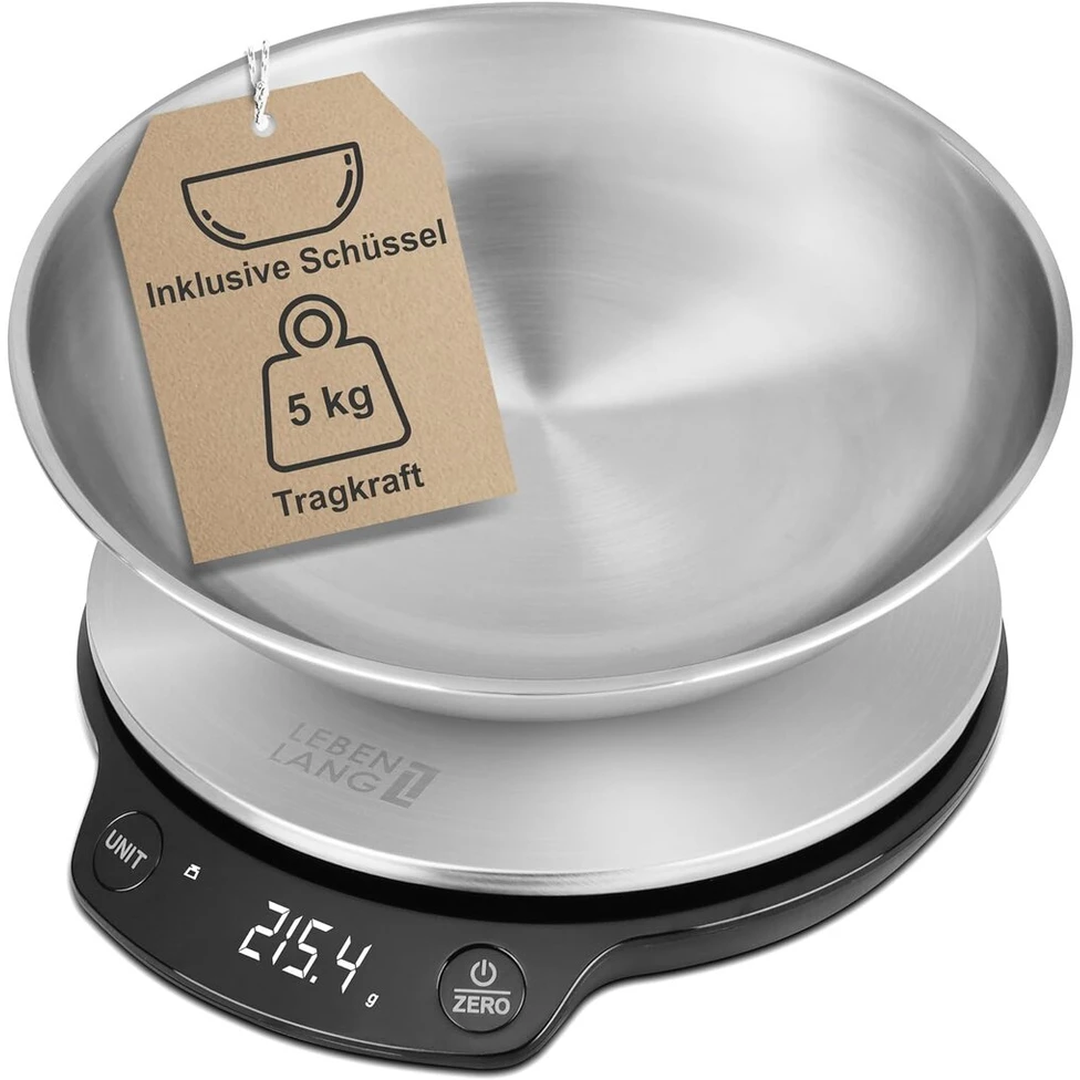 Lebenlang virtuvinės svarstyklės su dubeniu - iki 5kg | idealiai tinka kepimui | skaitmeninės virtuvinės svarstyklės | virtuvinės svarstyklės pyragams su dubeniu