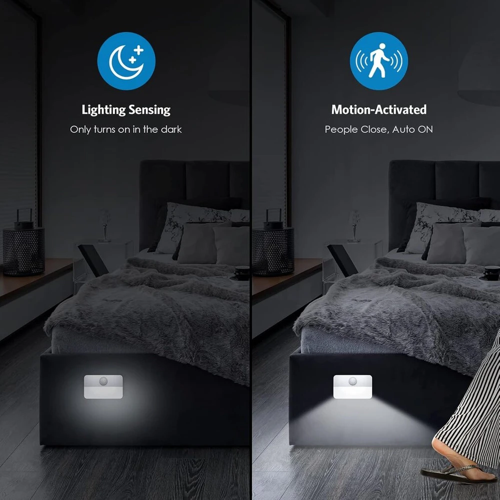 Led naktinė lemputė su judesio davikliu, balta naktinė lemputė su baterija, automatinis įjungimas/išjungimas, lipnus spintelių apšvietimas, naktinė lemputė su judesio davikliu laiptams, prieškambariui, vaikų kambariui, miegamajam (2 vnt.)