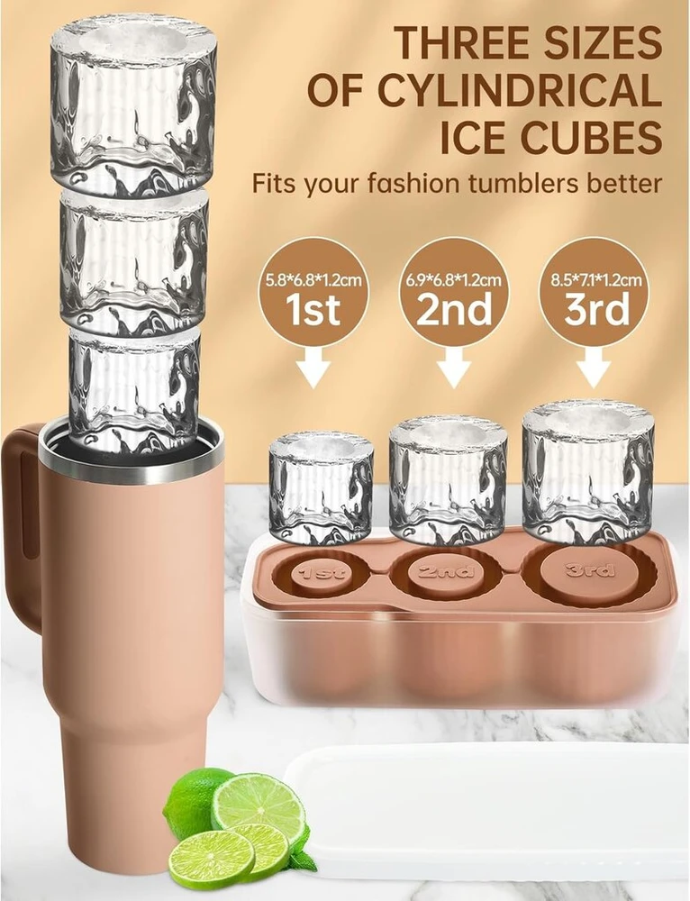 Ledo kubelių padėklas priedas Stanley puodeliui, 3 skyrių silikoninis ledo kubelių padėklas su dangteliu ir konteineriu, ledo kubelių padėklas 20 oz 30 oz 40 oz gertuvėms, kokteiliams, viskiui, kavai, gėrimams