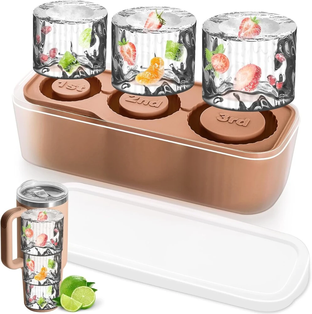 Ledo kubelių padėklas priedas Stanley puodeliui, 3 skyrių silikoninis ledo kubelių padėklas su dangteliu ir konteineriu, ledo kubelių padėklas 20 oz 30 oz 40 oz gertuvėms, kokteiliams, viskiui, kavai, gėrimams