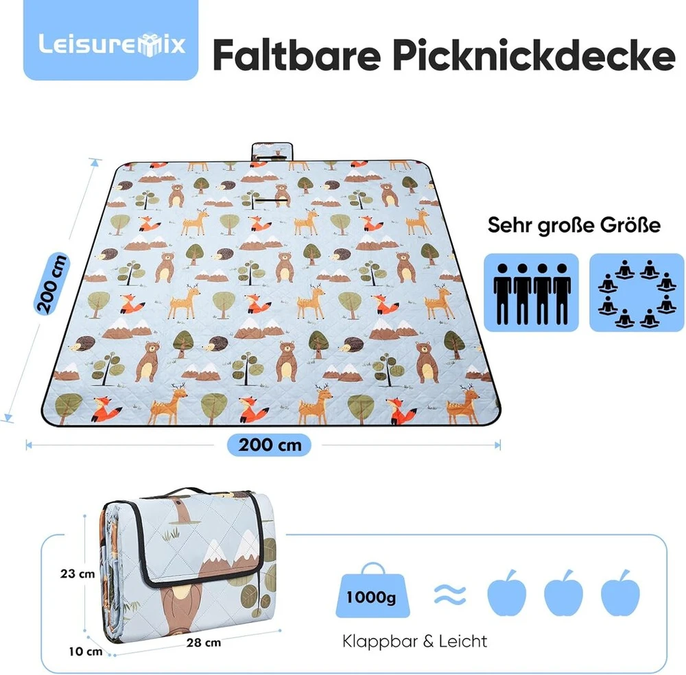 Leisuremix pikniko antklodė su izoliacija 200 x 200 cm xxl vandeniui atspari 210d oxford stovyklavimo antklodė paplūdimio antklodė itin lengva pikniko antklodė su nešimo rankena lauko antklodė 6-8 žmonėms, animals