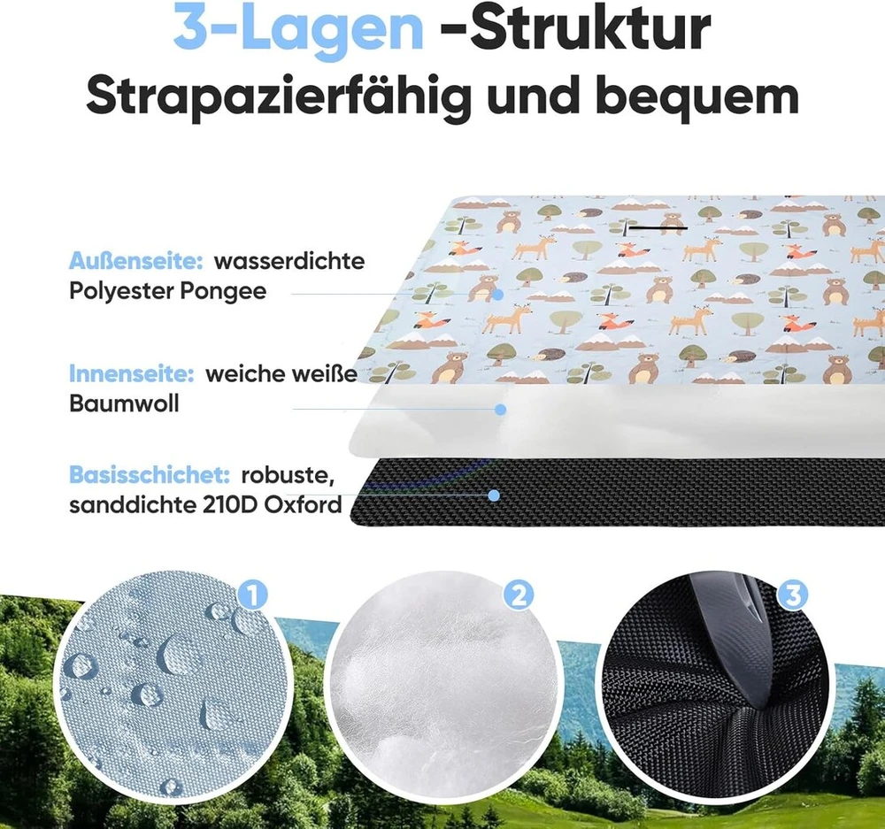Leisuremix pikniko antklodė su izoliacija 200 x 200 cm xxl vandeniui atspari 210d oxford stovyklavimo antklodė paplūdimio antklodė itin lengva pikniko antklodė su nešimo rankena lauko antklodė 6-8 žmonėms, animals