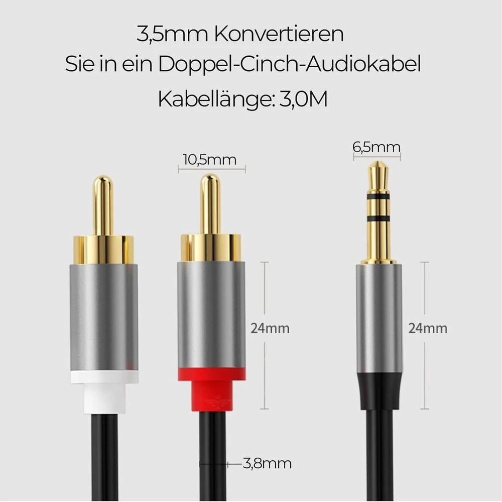 Leloco rca į jack 3.5 aux kabelis, jack į rca 2 rca į 3.5 mm jack, paprastai tinkamas mobiliesiems telefonams, kompiuteriams, nešiojamiesiems kompiuteriams, mp3, audio, televizoriams, garsiakalbiams ir kt., 3.0 m