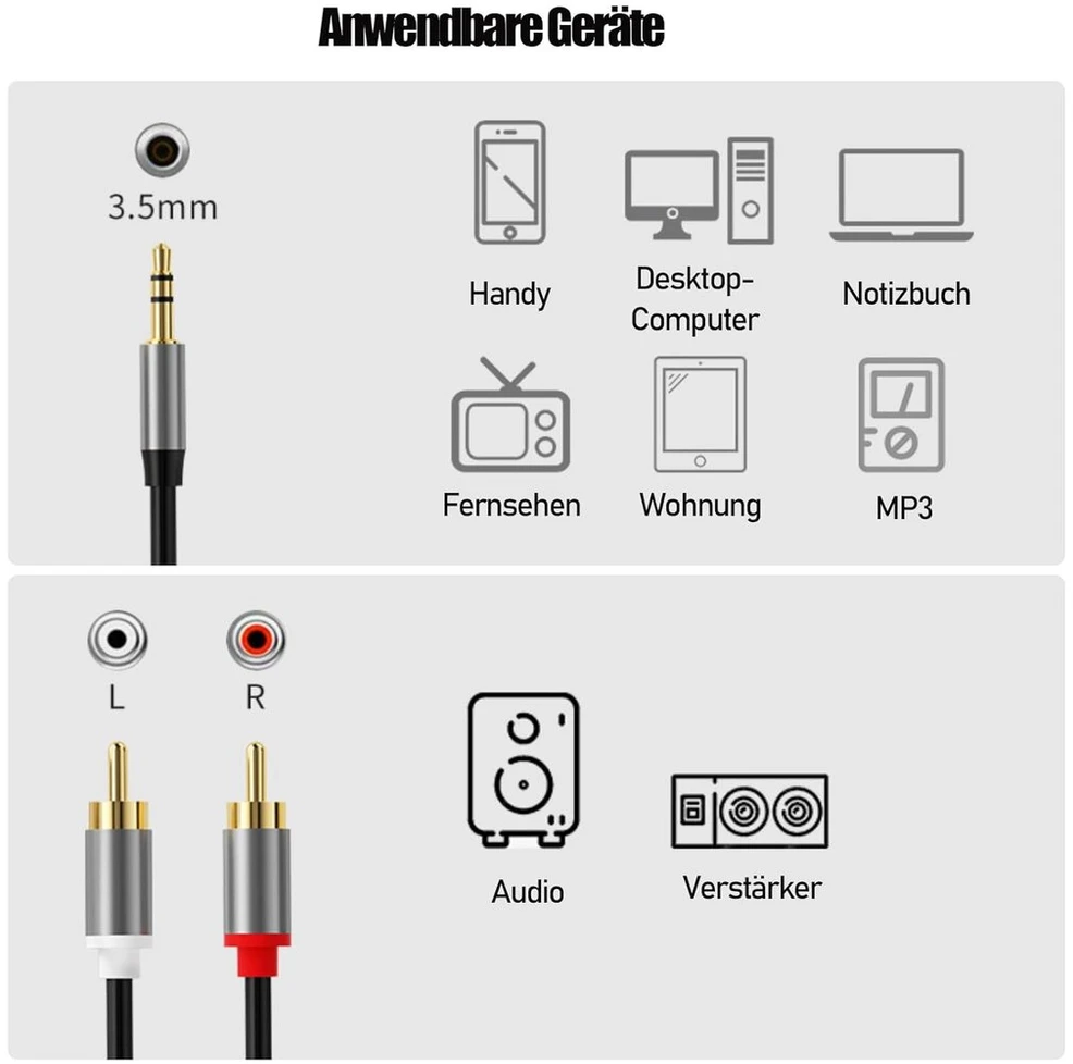 Leloco rca į jack 3.5 aux kabelis, jack į rca 2 rca į 3.5 mm jack, paprastai tinkamas mobiliesiems telefonams, kompiuteriams, nešiojamiesiems kompiuteriams, mp3, audio, televizoriams, garsiakalbiams ir kt., 3.0 m