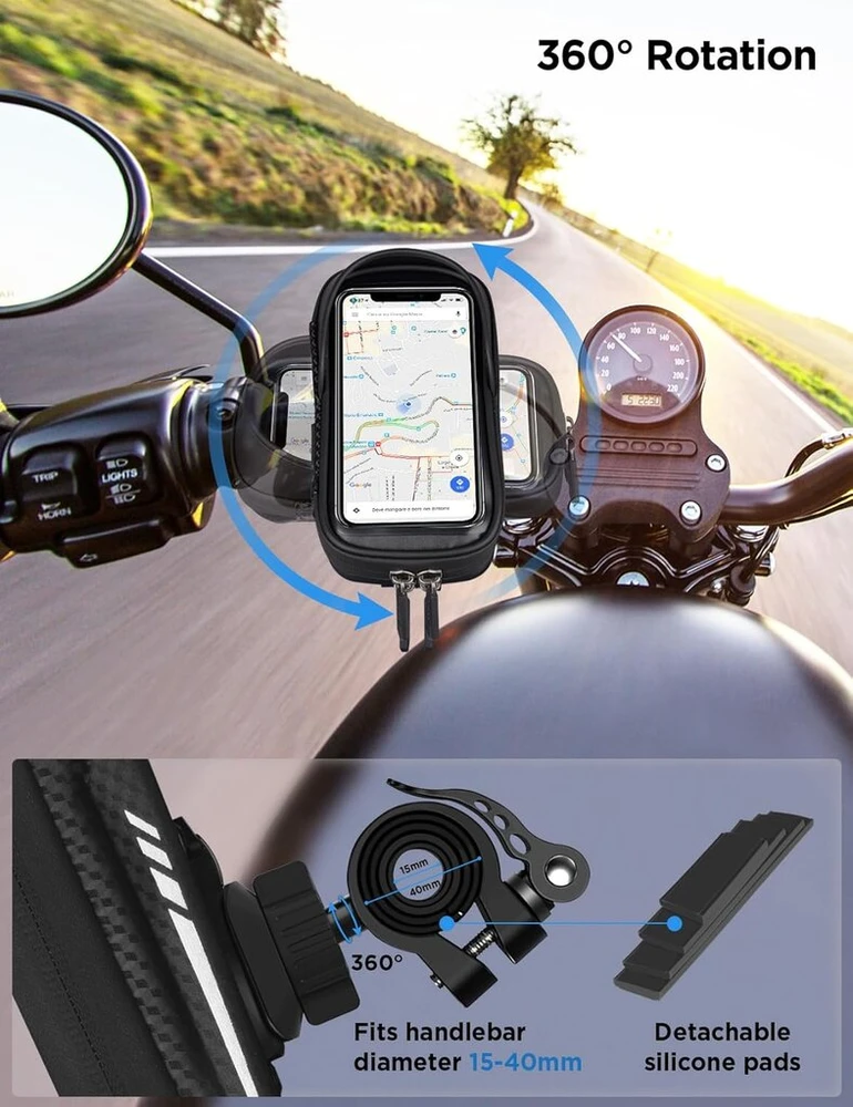 Lemego vandeniui atsparus dviračio telefono laikiklis motociklui 360° pasukamas telefono laikiklis 4,7–6,5 colių išmaniesiems telefonams su apsauga nuo lietaus, krepšys ant vairo, dviračio krepšys, dviračio laikiklis