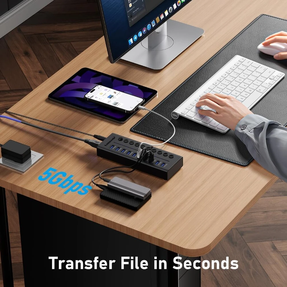 Lemorele Usb 3.0 maitinamas 10 prievadų gen 1 šakotuvas su maitinimo šaltiniu, nepriklausomas grandinės pertraukiklis, 12v 2a Usb maitinimo adapteris 1