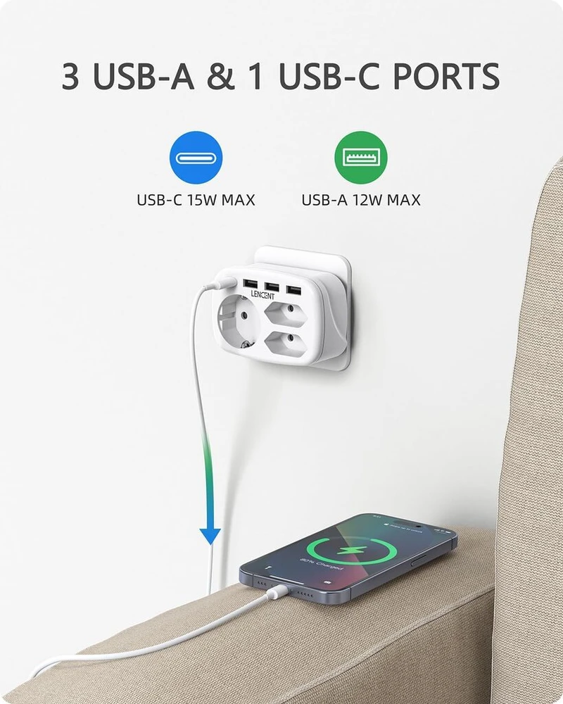 Lencent usb lizdas 7 viename daugiafunkcinis adapteris, 3 krypčių dvigubas euro ir 1 schuko daugiafunkcinis kištukas su 3 usb ir usb-c jungtimis, dvigubas kištukas sieniniam lizdui, polikarbonatas